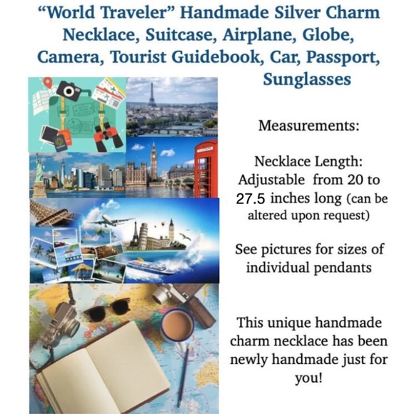 “World Traveler" Handmade Silver Travel Charm Necklace, Suitcase Plane Passport - Picture 12 of 13